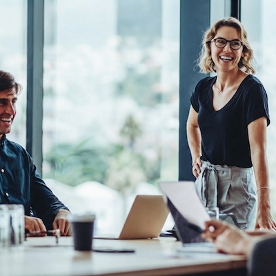 A professional sales meeting with a new client