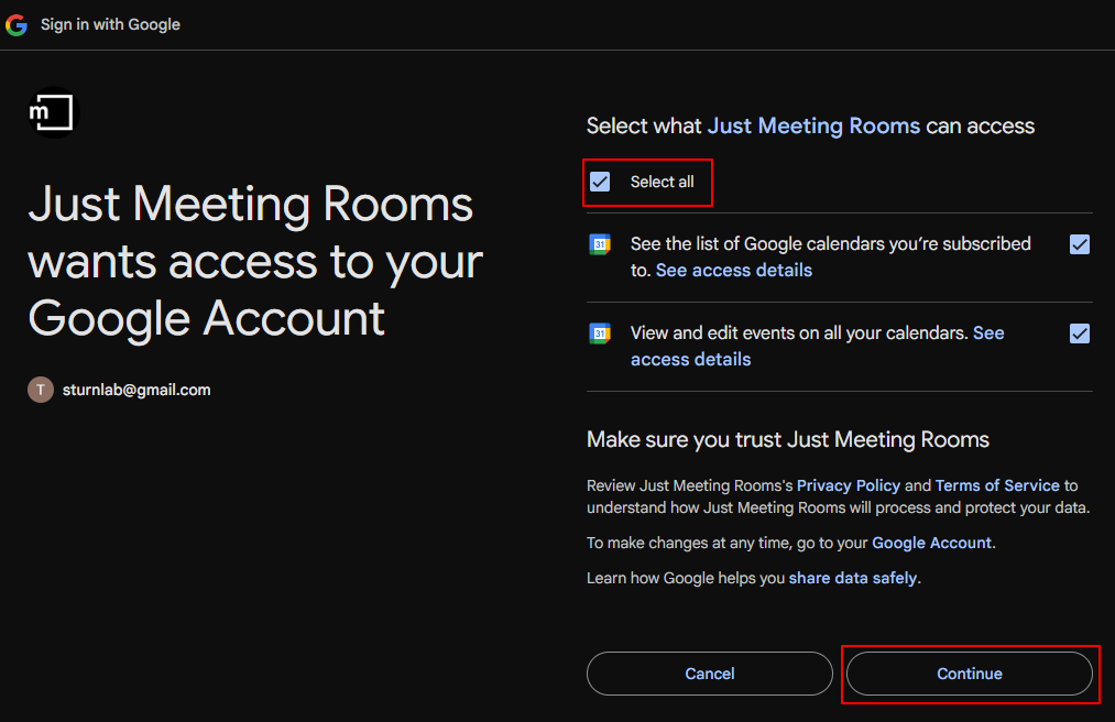 Step 6 screen showing permissions and Select all checkbox